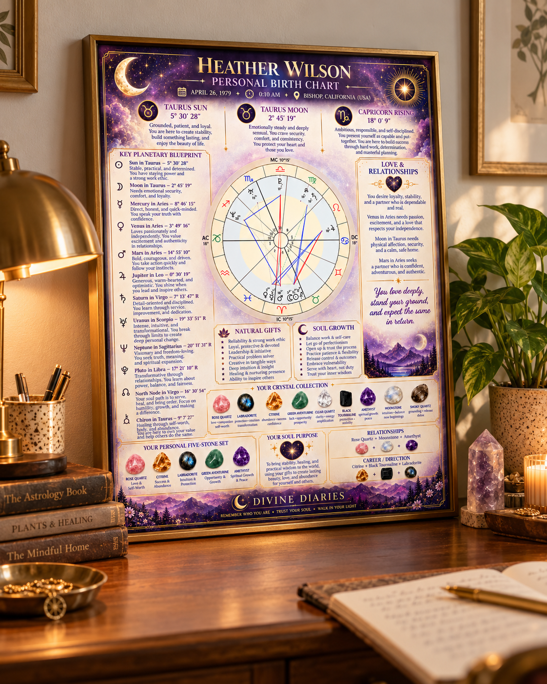 Framed birth chart reading on a desk surrounded by crystals and candles
