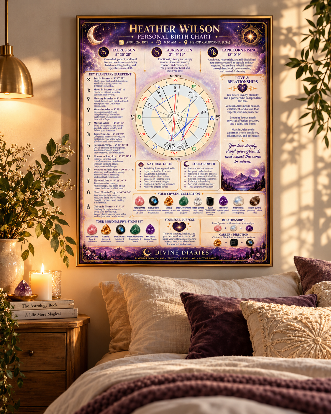 Framed birth chart reading displayed in a cozy bedroom setting