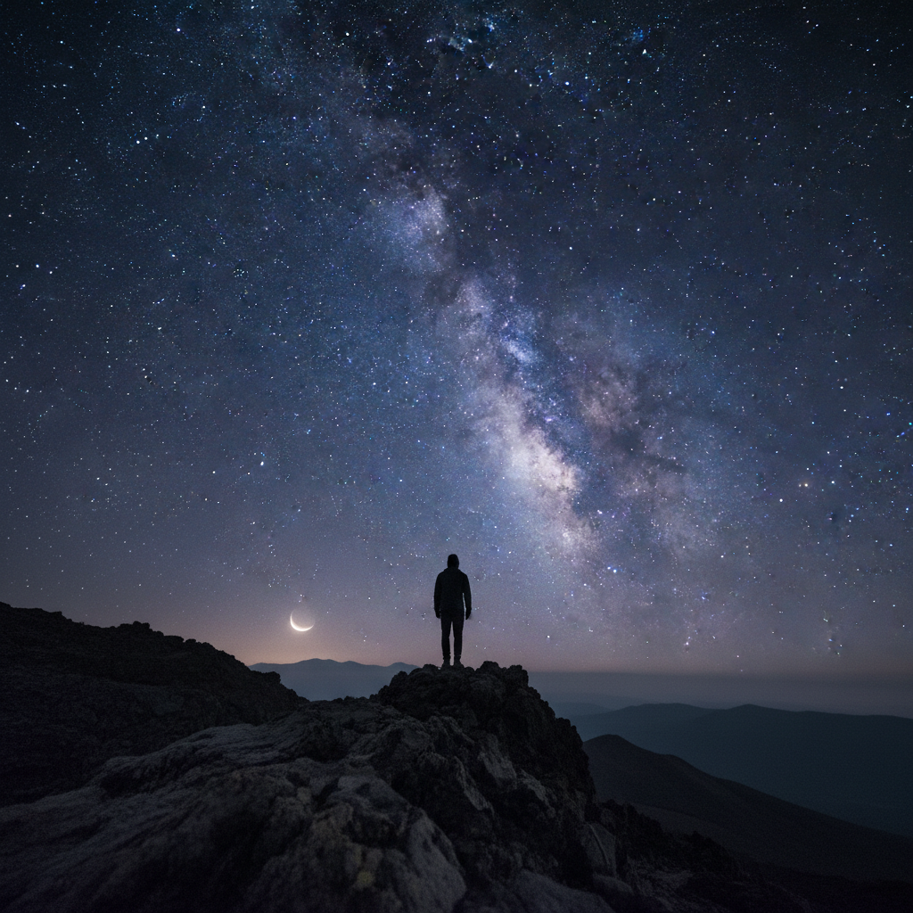 A lone figure standing at a cliff's edge gazing over a vast cosmic horizon, contemplating the paths ahead